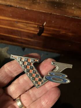 2524054 1964-65 Plymouth Barracuda V8 Emblem Red/blue 3-1/4 Inch #2524054 With Original Nuts