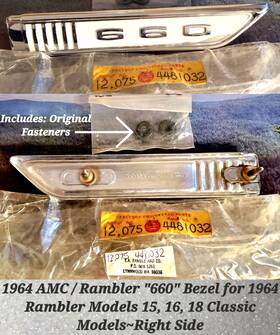 4481032 Amc Amc/rambler Inch 660 Classic 1964 15 16 18 Right Script Bezel N.o.s