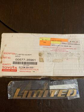 00577-35961 Toyota 7 Inch Gold Limited Script Badge New Nos Oem