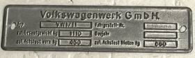 Volkswagen Vw Vw1/11 Vtg Volkswagenwerk Gmbh Oem Vin Id Data Plate Tag Badge Type