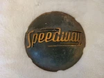 Rare Speedway Cast Iron Round Script Emblem 7 3/8" Vtg Gas Station Auto. Fixed Price $200.00.
